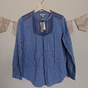 NWT J. Crew Blue Embroidered Peasant Top W Tassels